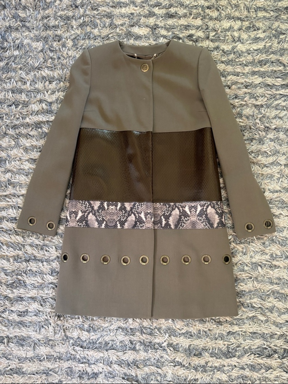 New Olive Green Italian Designer Trench Coat with Textured Panel and Snake-Print